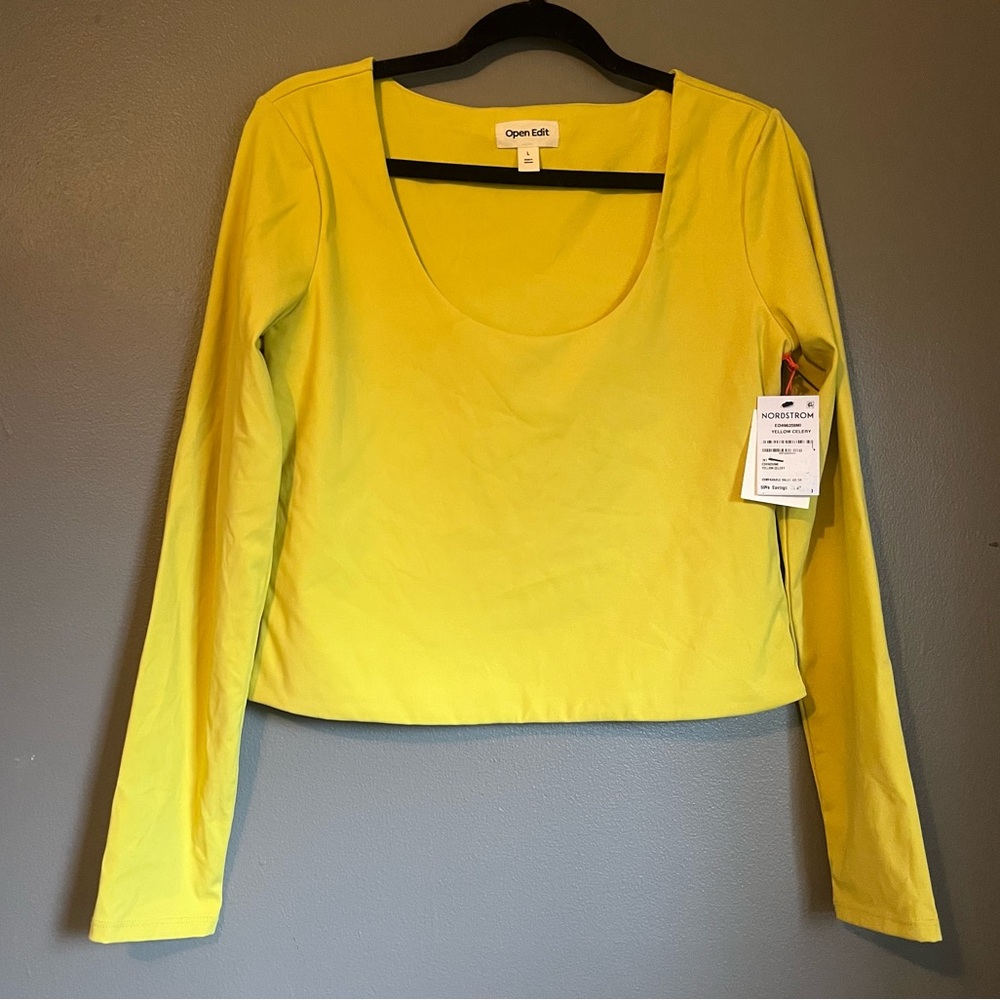NWT Open Edit Large Women’s Yellow Celery Scoop-neck Stretch Blouse Top Ret $49!